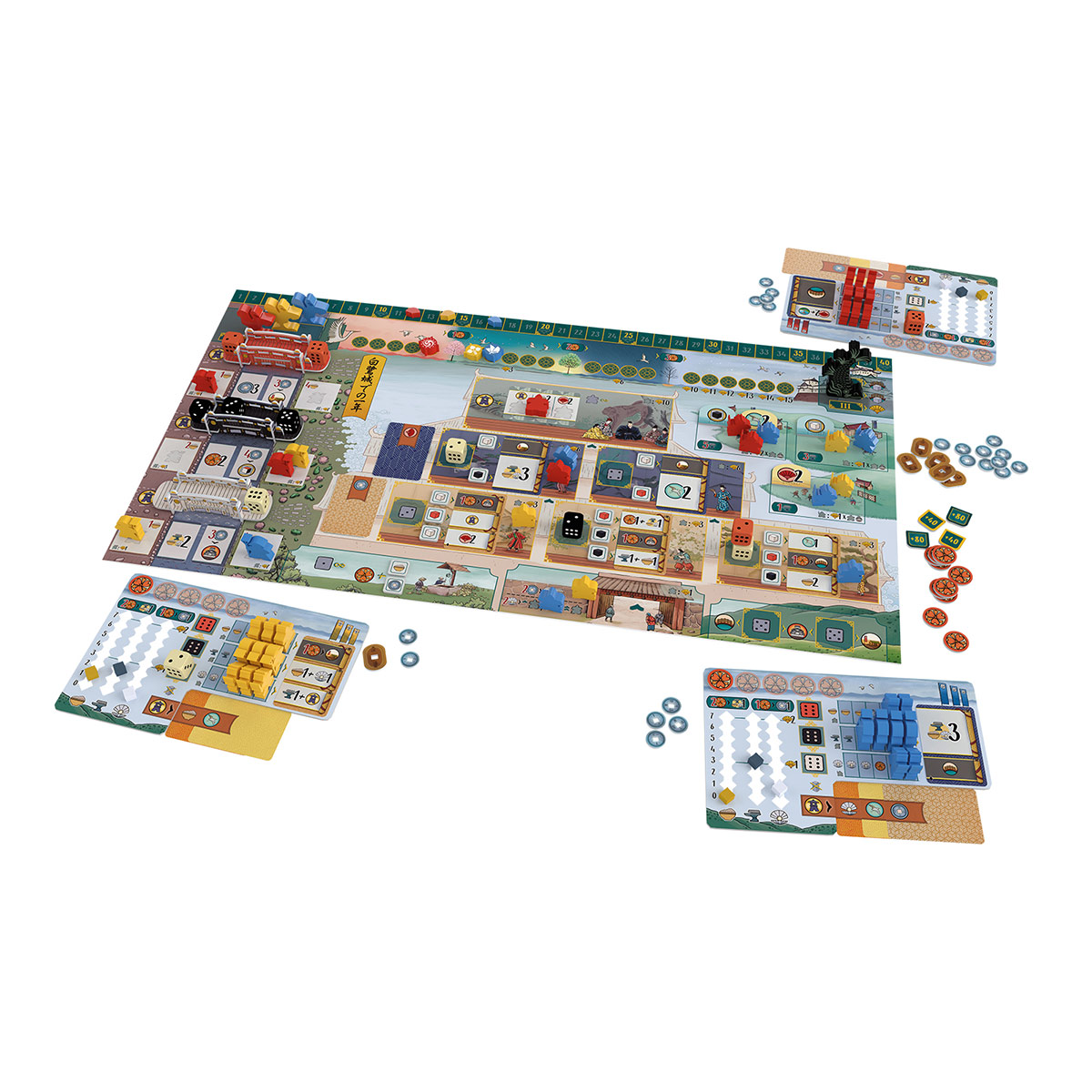 Detalles de tablero, dados y miniaturas del juego The White Castle en mesa.