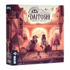 Caja de Daitoshi, arte steampunk y ilustración con magnates trabajando / Tablero circular, fichas, meeples y tokens mostrados