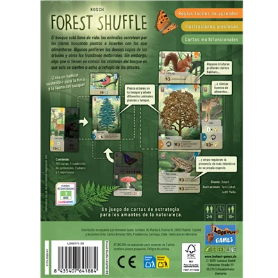 Ilustraciones, cartas y componentes del juego Forest Shuffle desplegados.