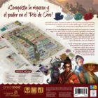 Componentes, tablero y detalles del juego Río de Oro en mesa de juego.