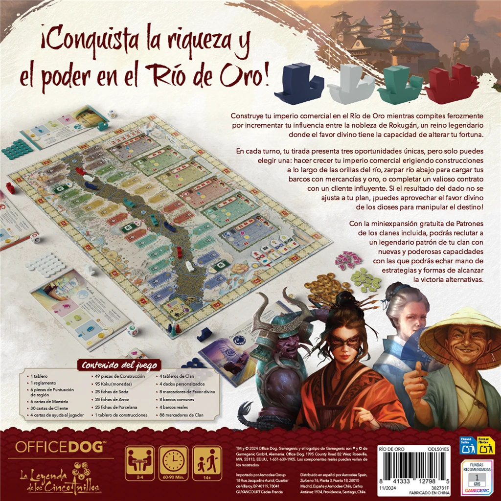 Componentes, tablero y detalles del juego Río de Oro en mesa de juego.